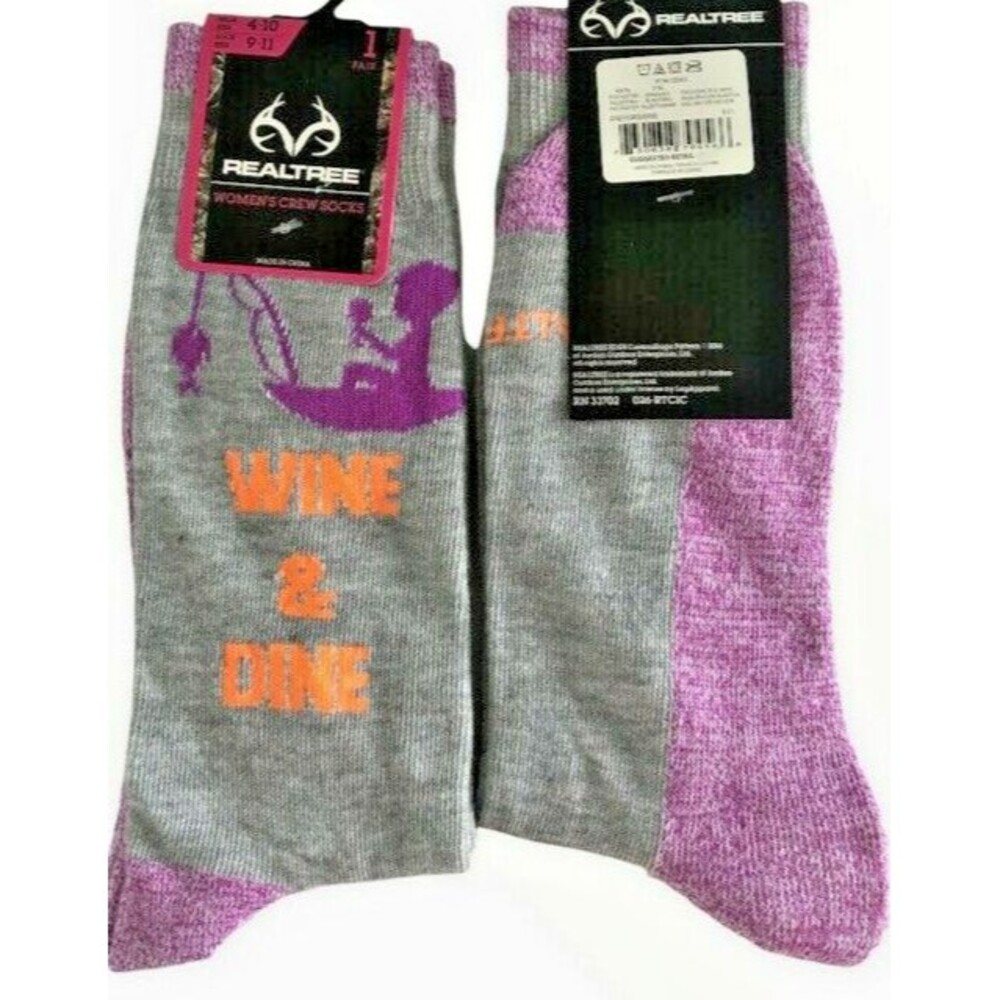Realtree Womens Ladies Wine & Dine Crew Gray Purple Socks Size 9-11